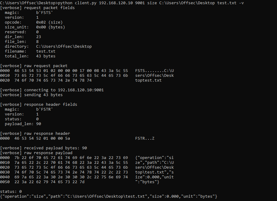 Verbose buffer inspection showing request and response hexdumps