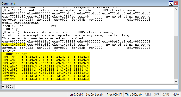 WinDbg showing access violation with EIP=0x42424242 and stack filled with 0x43 (C) bytes